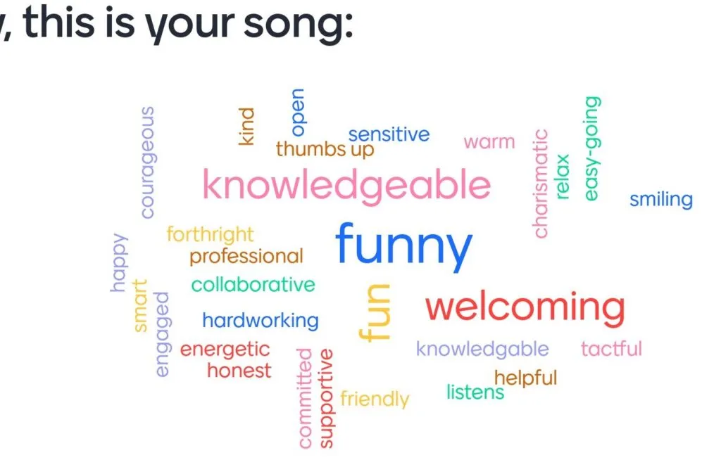 Word cloud poem for one team mate, led by funny, welcoming and knowledgeable