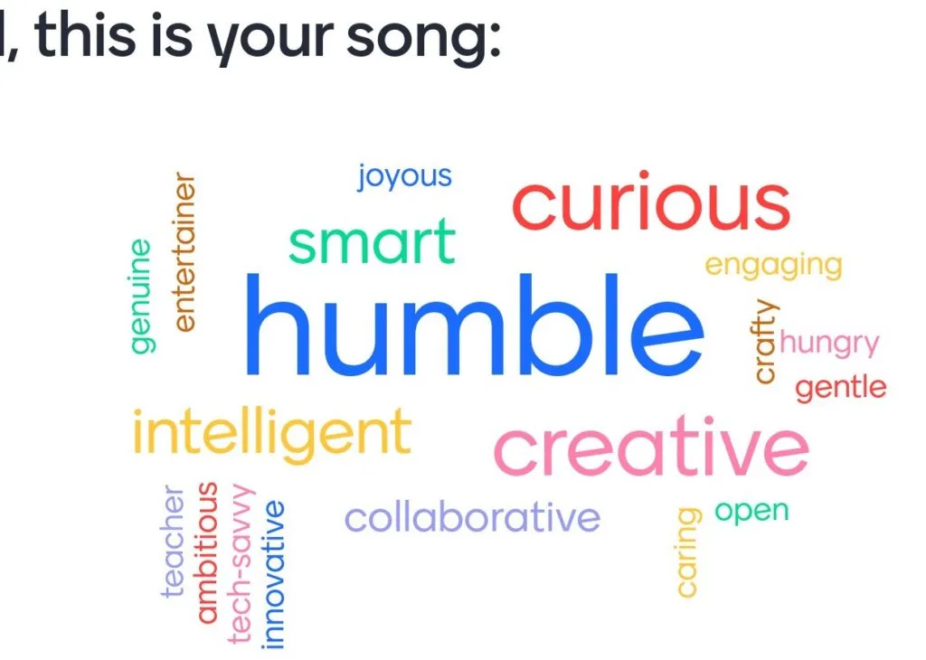 Word cloud poem for another team mate, led by humble, curious and creative